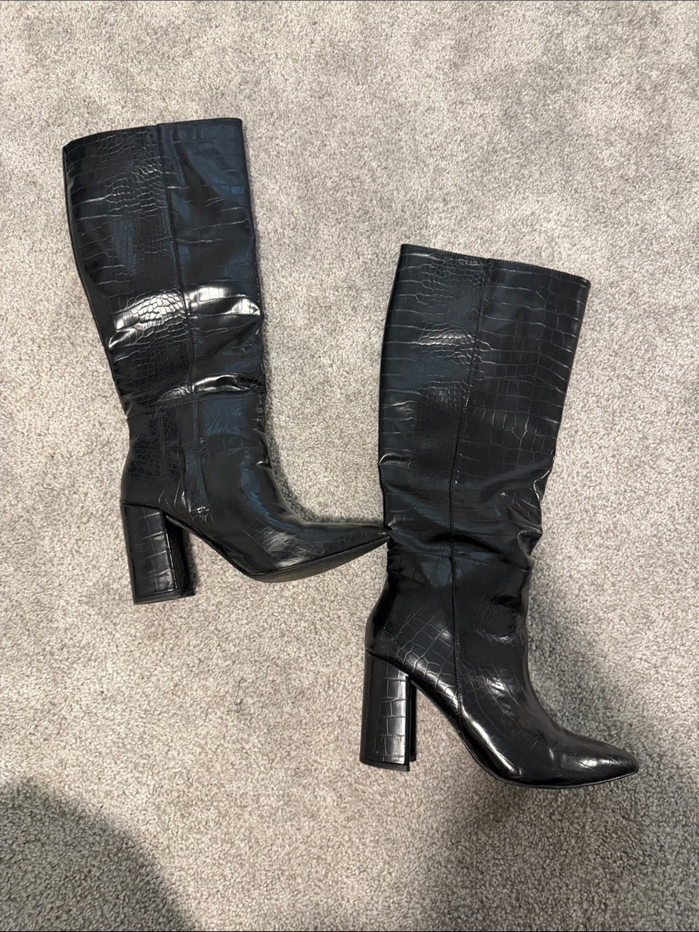Black Croc-Embossed Knee Boots - Women's Tall Block Heel